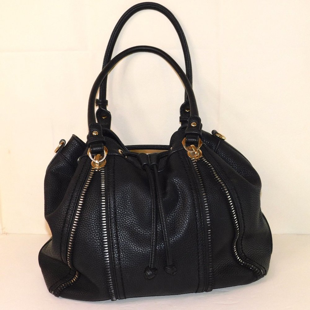 Gussaci Drawstring Shoulder Bag Purse Black With Zipper Detail